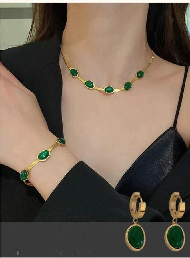 Oval Green Crystal Pendant Necklace Set With Bracelet - Nithin's Garage